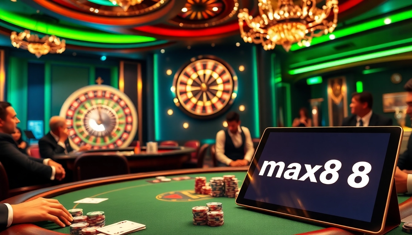 Exciting casino atmosphere with max88 poker table and vibrant roulette wheel.