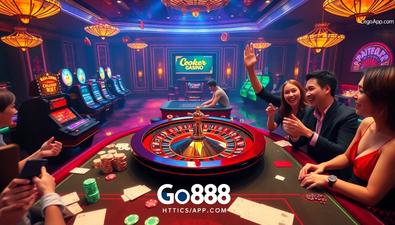 Casino excitement at https://go88app.cn.com/ with players winning at roulette and slot machines.