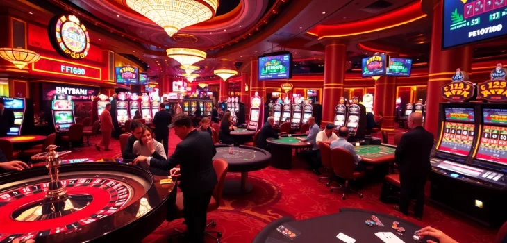 Excited players enjoying a lively F168 casino atmosphere with roulette and slot machines.