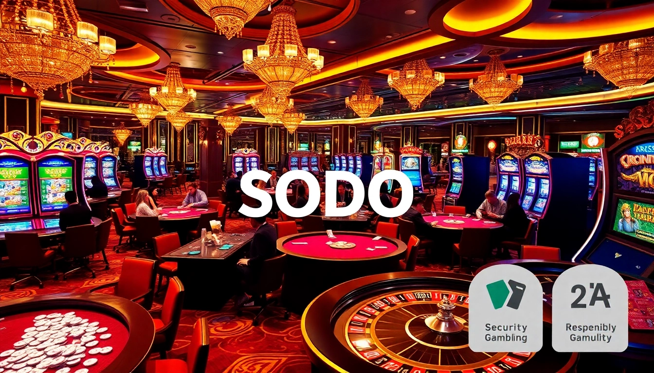 SODO Casino vibrant scene with players at poker tables and roulette wheels in a luxurious setting.