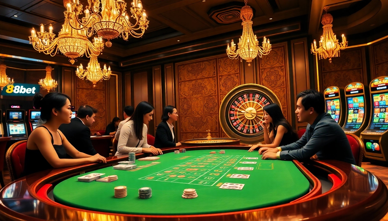 Experience the vibrant excitement of nhà cái 8kbet in a luxurious casino environment with poker tables and roulette wheels.