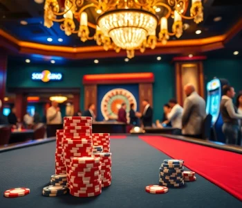 Exciting gaming at SODO Casino with players engaged at poker tables and roulette wheel.