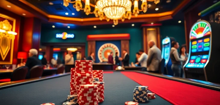 Exciting gaming at SODO Casino with players engaged at poker tables and roulette wheel.