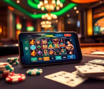 Engage with the TR88 app in a vibrant online casino setting filled with poker chips and a roulette wheel.
