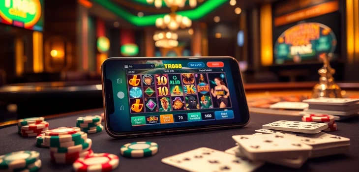 Engage with the TR88 app in a vibrant online casino setting filled with poker chips and a roulette wheel.
