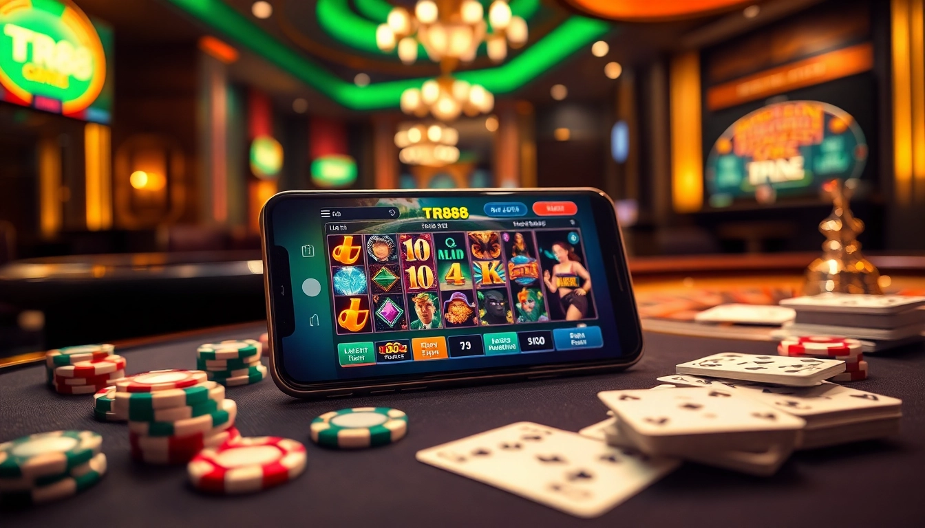 Engage with the TR88 app in a vibrant online casino setting filled with poker chips and a roulette wheel.