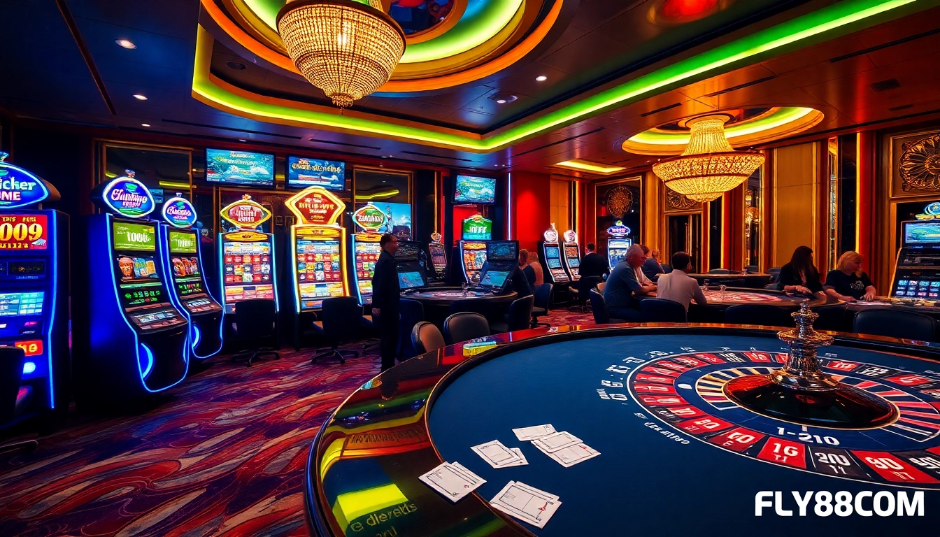 Experience the thrill of winning at FLY88.COM in a vibrant, luxurious casino atmosphere.