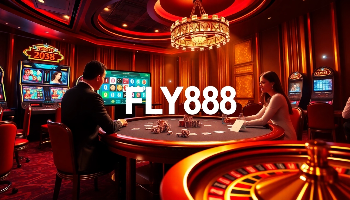 FLY88 poker table action with players and luxurious gaming atmosphere.