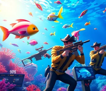 Bắn cá 8KBET players shooting at colorful fish in a vibrant underwater casino setting.