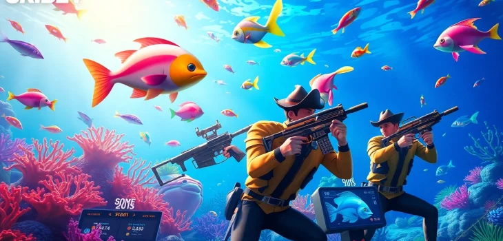 Bắn cá 8KBET players shooting at colorful fish in a vibrant underwater casino setting.