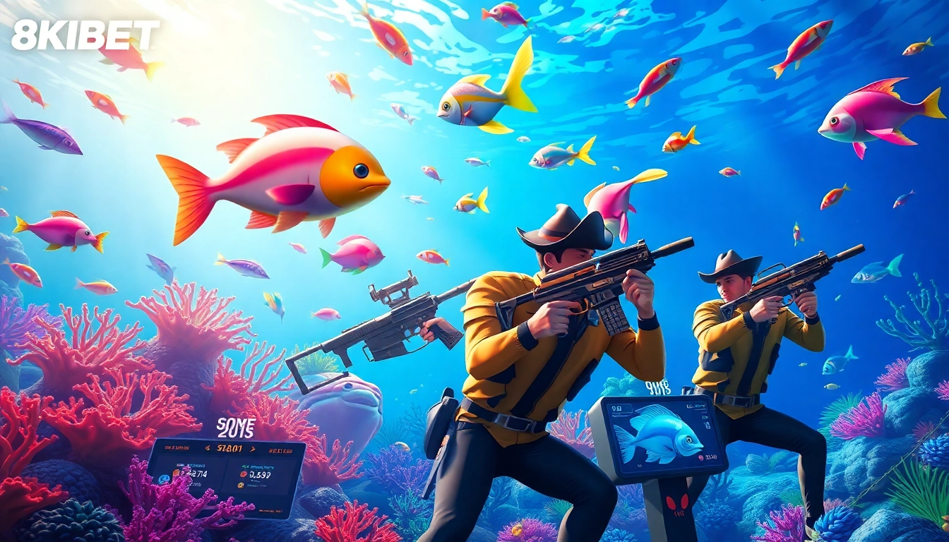 Bắn cá 8KBET players shooting at colorful fish in a vibrant underwater casino setting.