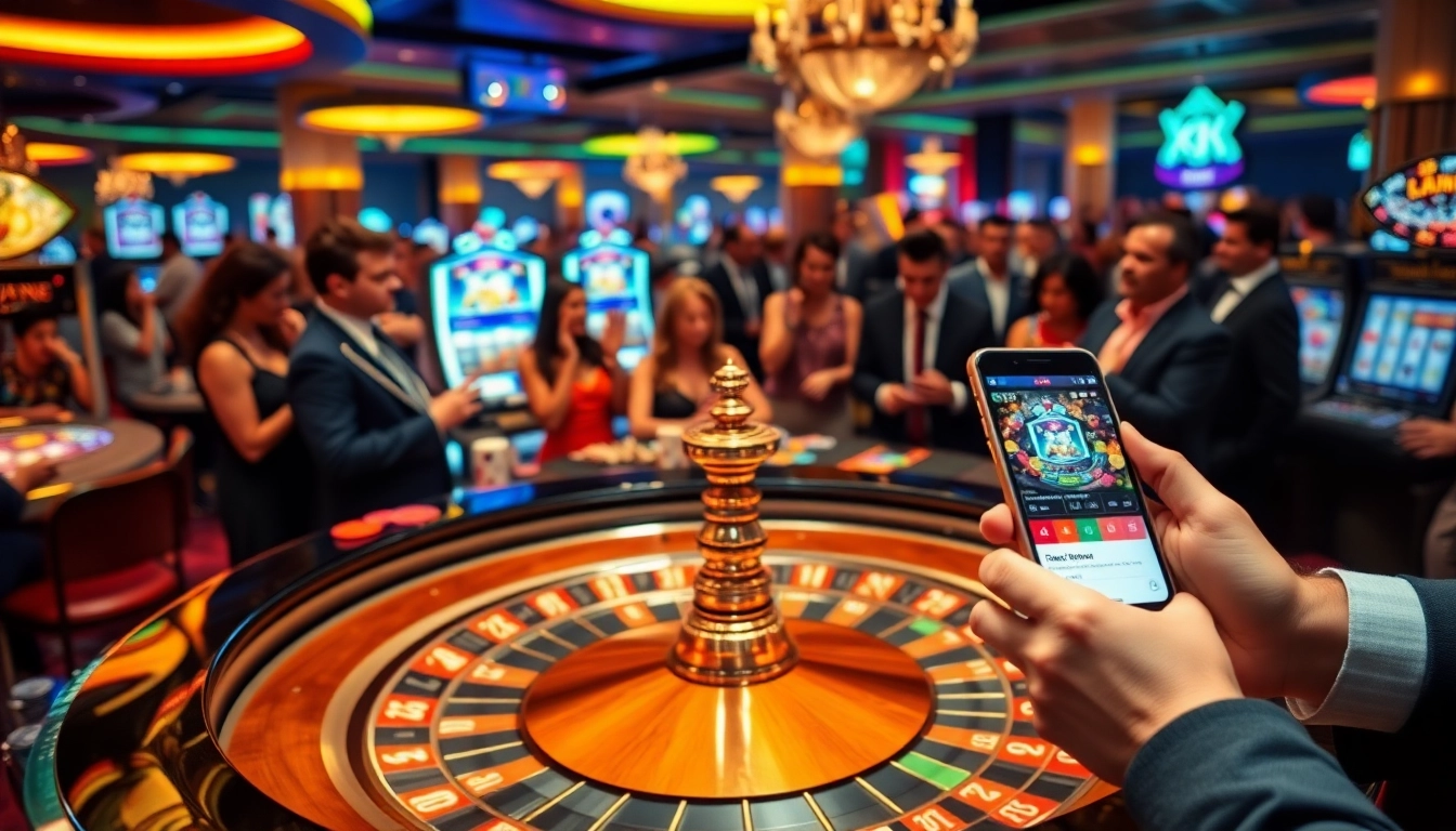 Gamblers enjoy interactive gaming experiences on the kjc website, surrounded by exciting casino elements.