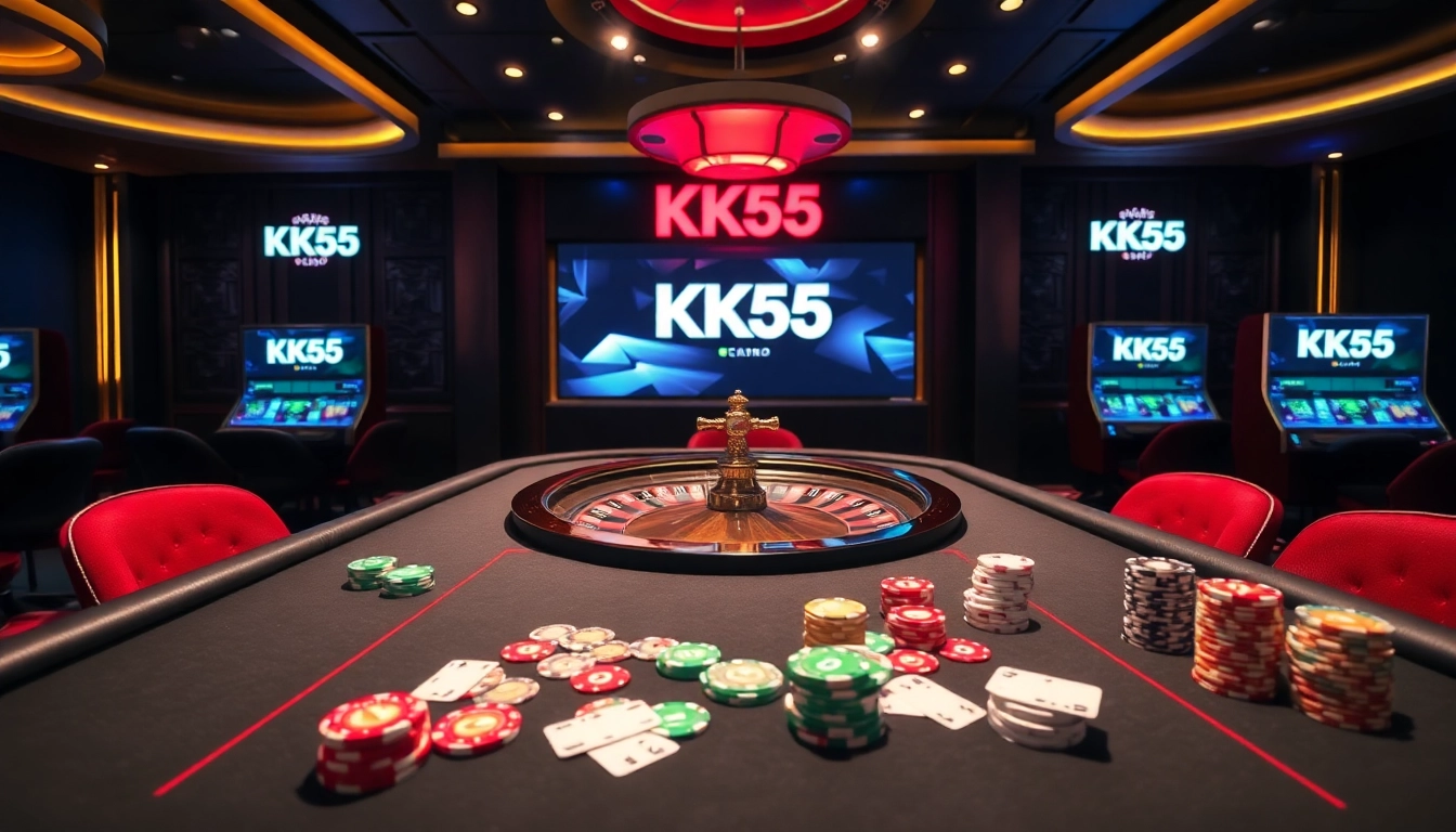 Cena de cassino KK55 com mesa de pôquer, roleta e visuais vibrantes de jogos online.