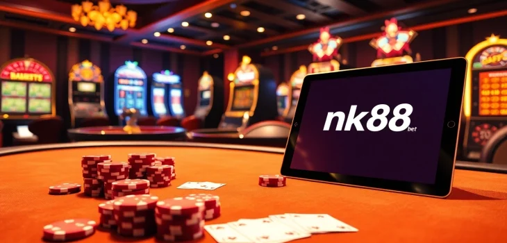 Engaging players at nk88 bet's vibrant casino with poker chips and roulette.