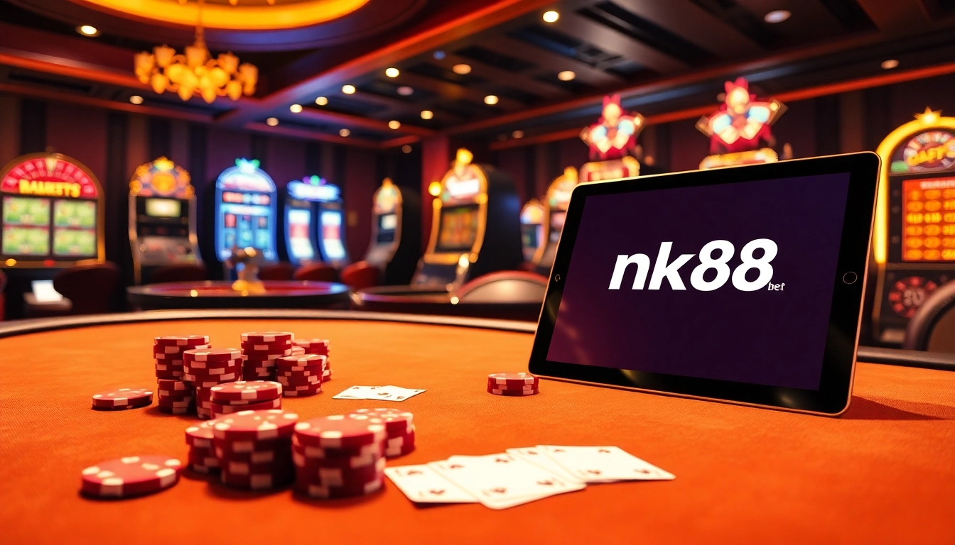 Engaging players at nk88 bet's vibrant casino with poker chips and roulette.