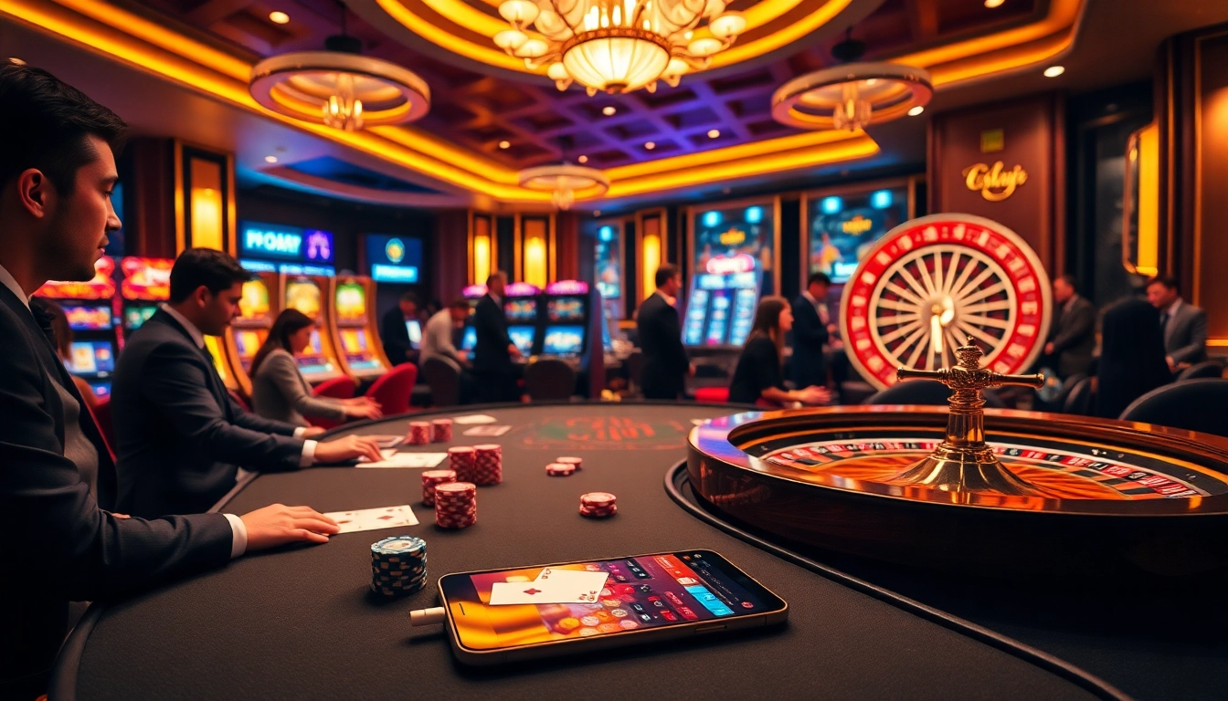Experience the thrill of online gambling with tải twin68, featuring a luxurious casino scene with vibrant gaming tables.