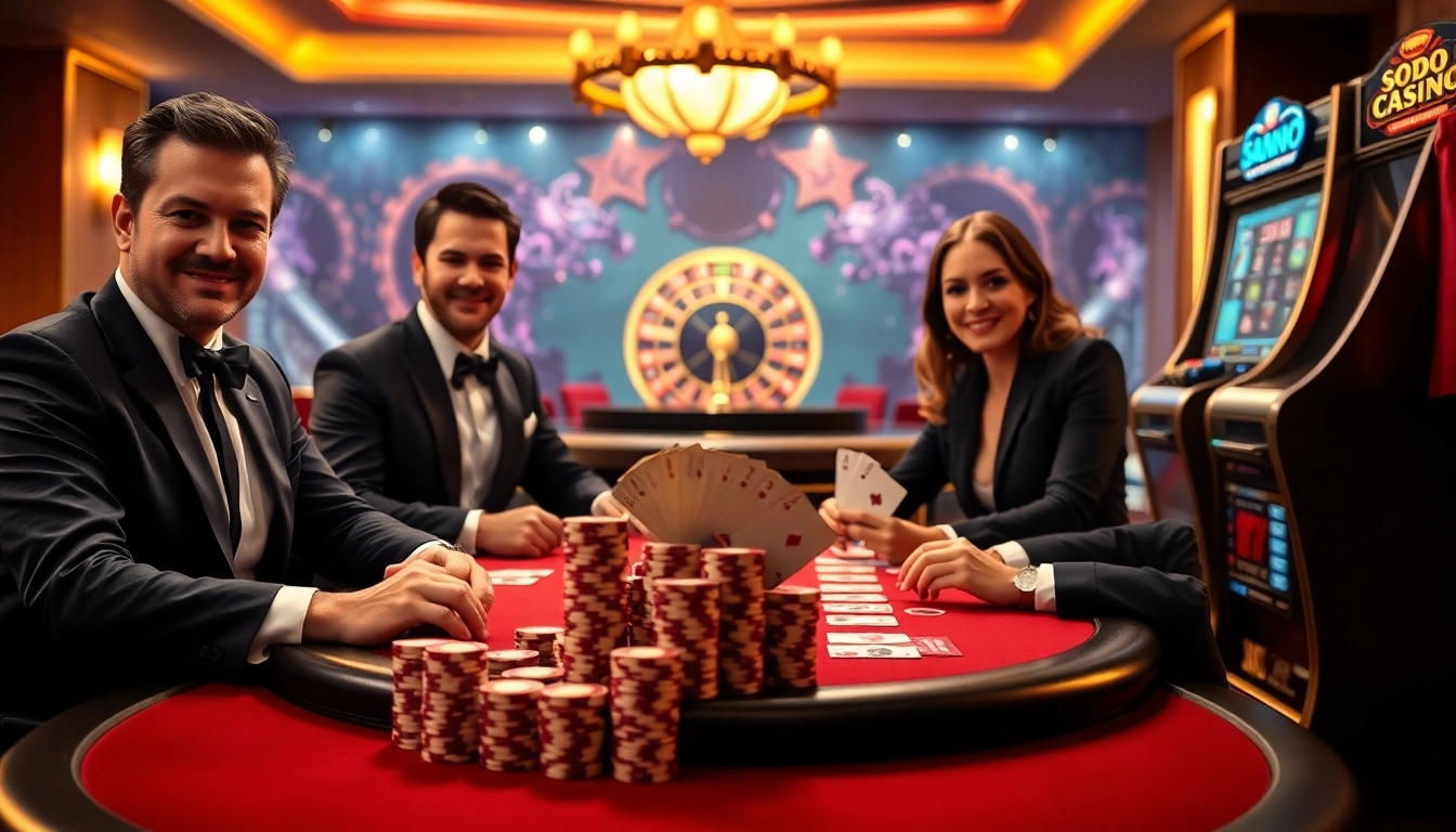 Excited players at SODO CASINO enjoying a high-stakes poker game with vibrant casino ambiance.