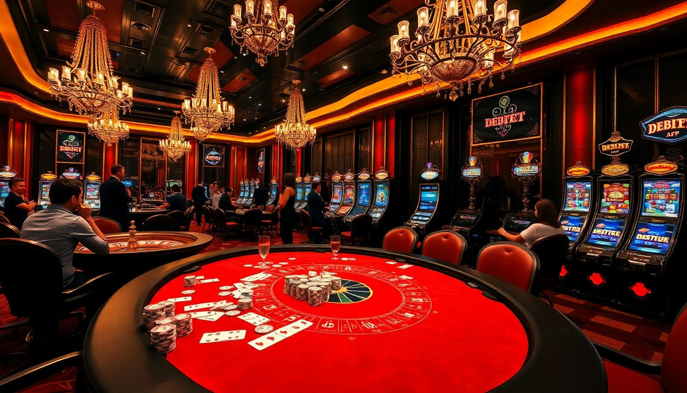 Engaging scene of gamblers at a poker table and roulette wheel, showcasing excitement at https://debet2.app/.