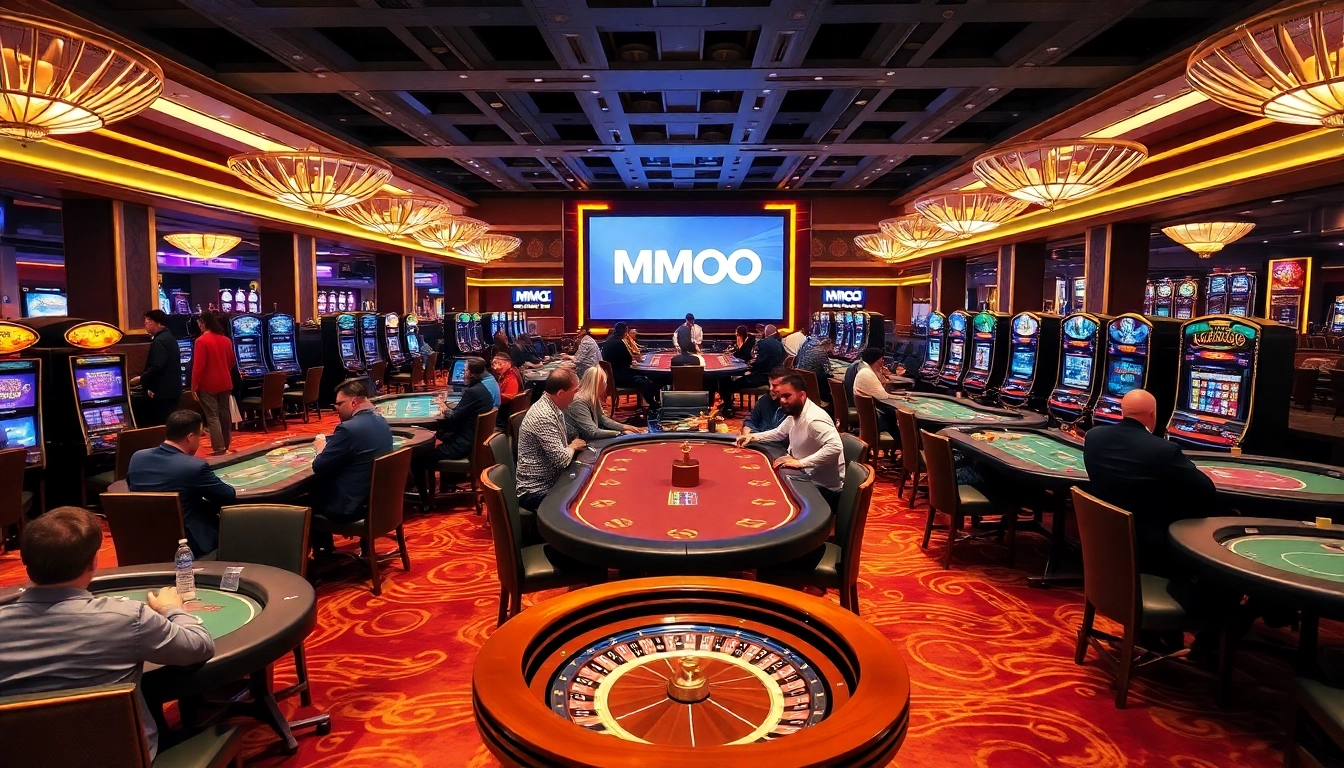 Players enjoying diverse games at the MMOO casino, with vibrant tables and slot machines.