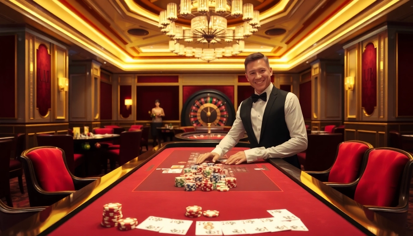 U888 casino scene showcasing a vibrant poker game with colorful chips and a spinning roulette wheel.