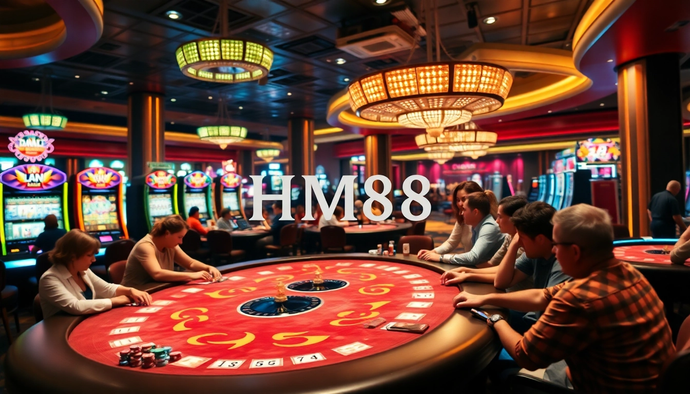 Engage in thrilling HM88 casino gaming action with poker chips, tables, and vibrant slot machines.