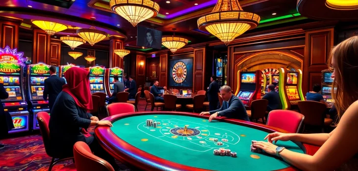 Experience the thrill of gaming at dom88.us.com with elegant casino tables and vibrant slot machines.