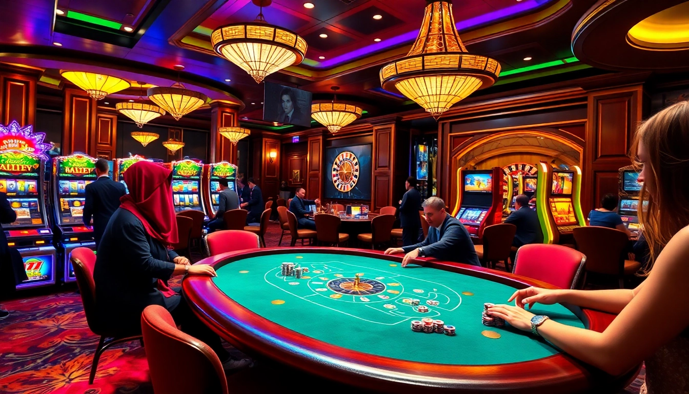 Experience the thrill of gaming at dom88.us.com with elegant casino tables and vibrant slot machines.