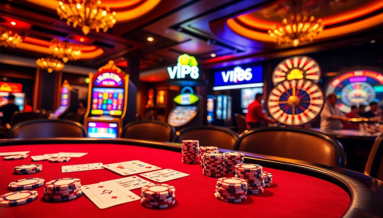 Experience high-stakes excitement with vip88 apk at a luxurious casino table topped with chips and cards.