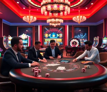 Engaging poker scene at a luxury casino, featuring 789p gaming elements and vibrant slot machines.