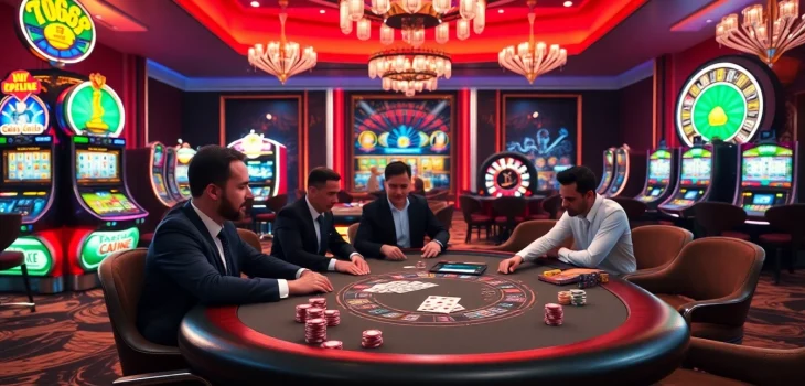 Engaging poker scene at a luxury casino, featuring 789p gaming elements and vibrant slot machines.