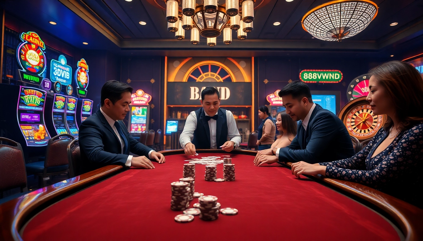 Experience high-stakes play at 888VND's luxurious casino tables adorned with vibrant slot machines.
