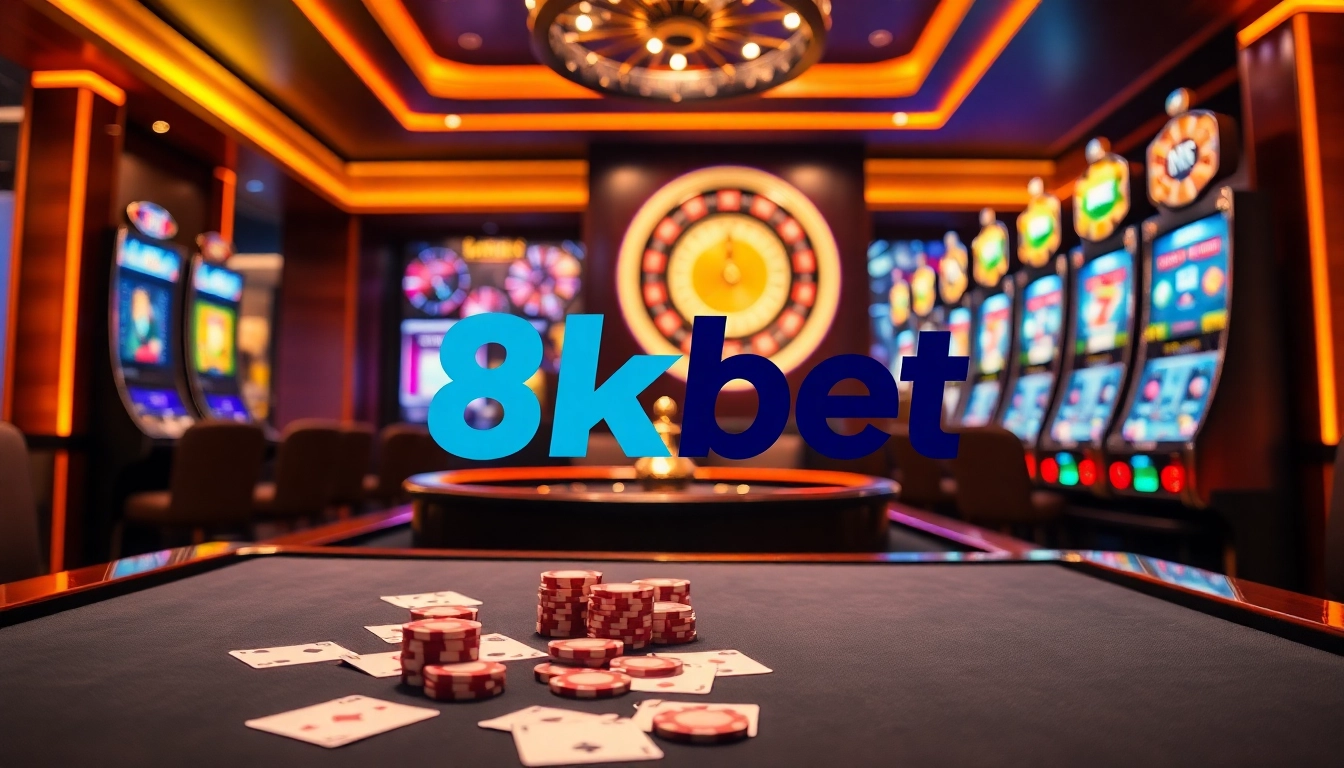 Experience the thrill of gambling at 8kbet with luxury casino visuals featuring tables and slot machines.