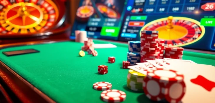 Experience the thrill of online gambling at https://sv388win.live with a luxurious casino scene featuring poker chips and cards.