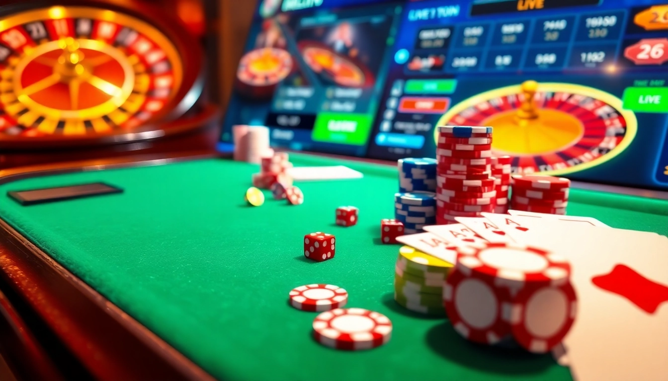 Experience the thrill of online gambling at https://sv388win.live with a luxurious casino scene featuring poker chips and cards.