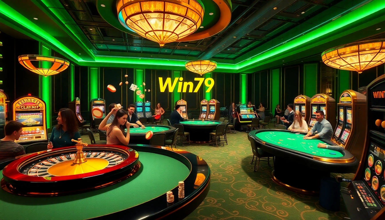 Win79 players engaging in high-stakes gaming at a luxurious casino with vibrant details.