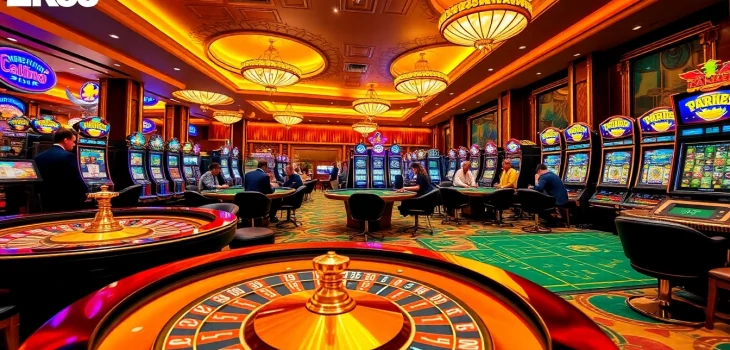 Exciting casino action at https://zk88.club/ with vibrant tables, poker chips, and slot machines.