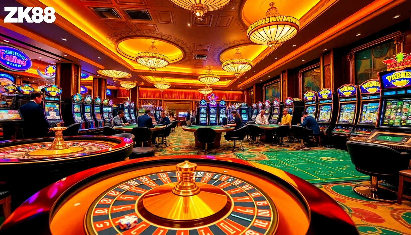 Exciting casino action at https://zk88.club/ with vibrant tables, poker chips, and slot machines.