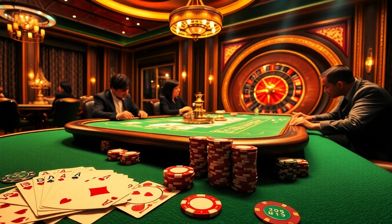 A captivating poker scene from https://fabet3.com/ featuring enthusiastic players, vibrant poker chips, and a glamorous casino ambiance.
