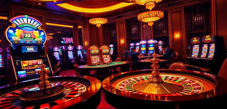 Experience the excitement of gambling at https://zk88.club/ with a luxurious casino scene featuring roulette, poker, and slots.
