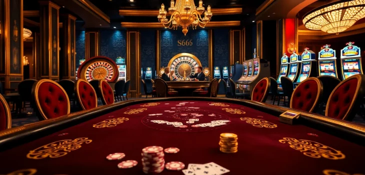 Experience high-stakes betting at the luxurious S666 casino poker table with vibrant chips and cards.