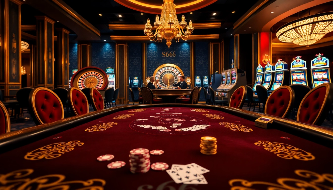 Experience high-stakes betting at the luxurious S666 casino poker table with vibrant chips and cards.