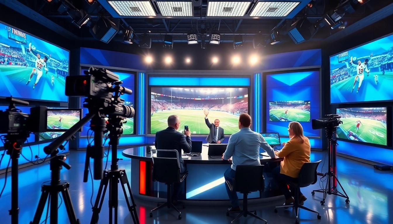 Engaging sports broadcasting scene capturing a professional team in a vibrant studio.