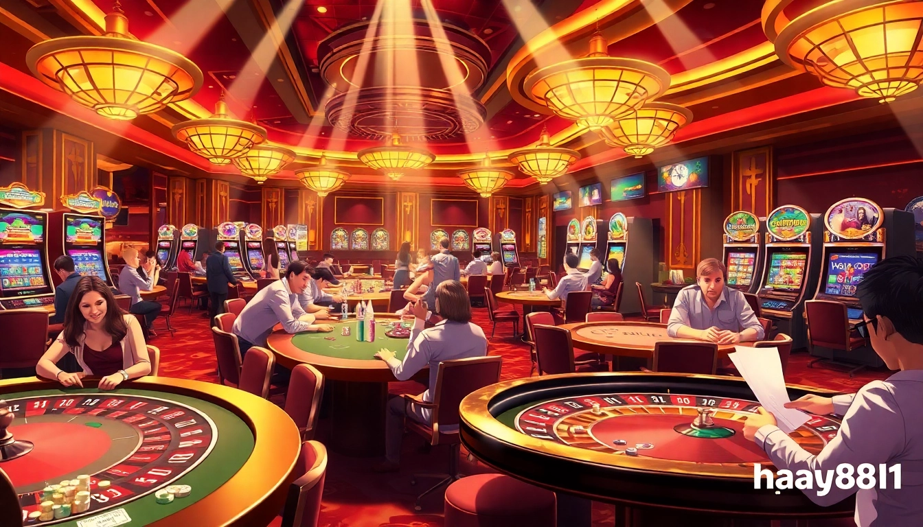 Players engaging at Hay881 casino tables, surrounded by vibrant gaming atmosphere and luxurious decor.