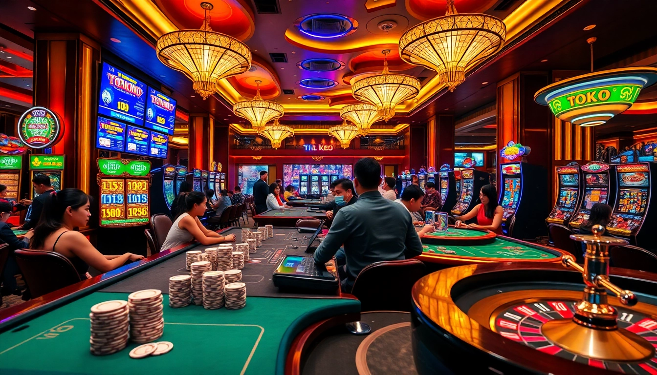 Engaged gamblers analyzing tỷ lệ kèo at luxurious casino tables with roulette wheels and chips.