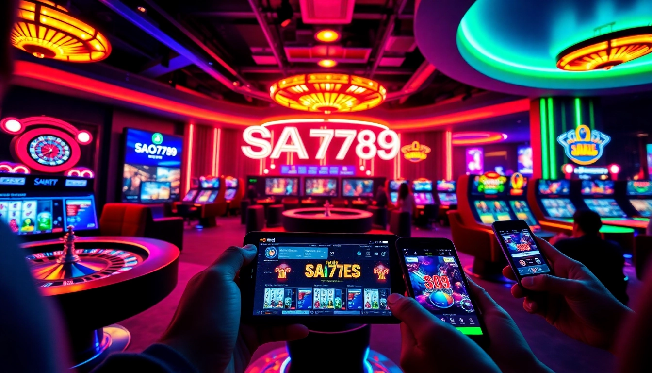 SAO789 online gaming platform experience with vibrant casino games and players on mobile devices.