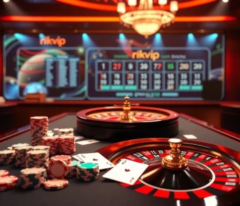 Engaging players at rikvip with a luxury casino table filled with poker chips and cards.