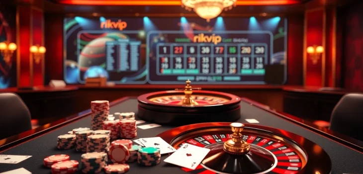 Engaging players at rikvip with a luxury casino table filled with poker chips and cards.
