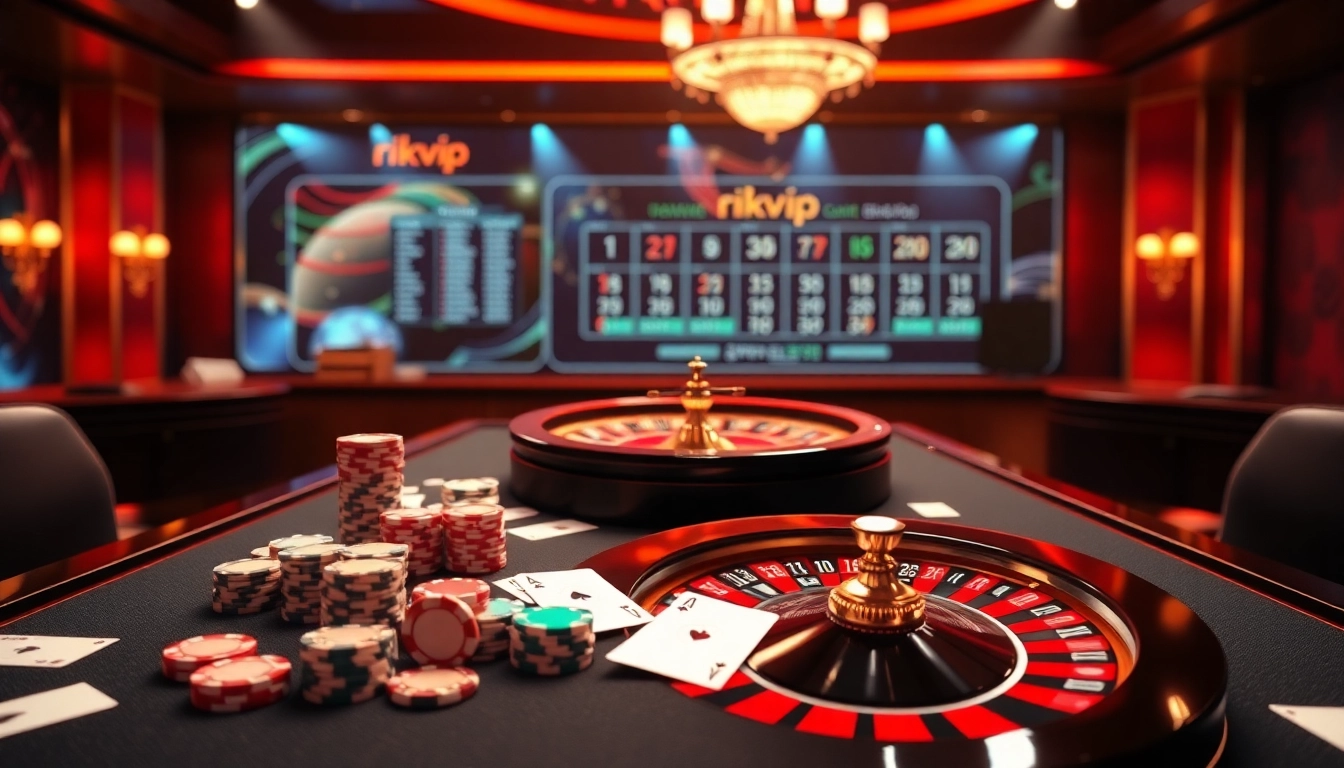 Engaging players at rikvip with a luxury casino table filled with poker chips and cards.