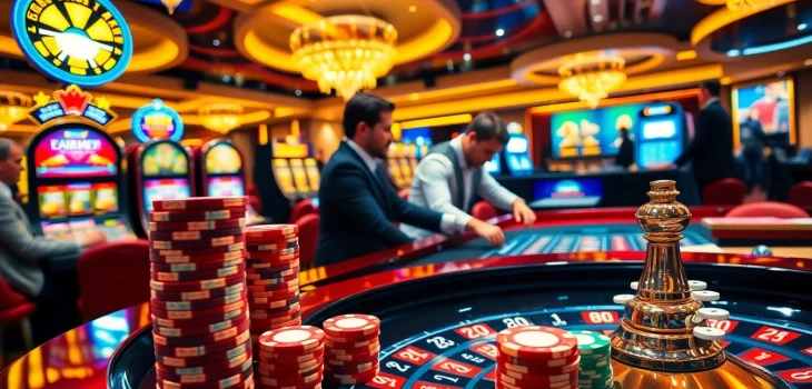 Players engaging in thrilling bets at a luxurious casino like https://rr88a.us.com/, showcasing chips, cards, and roulette action.