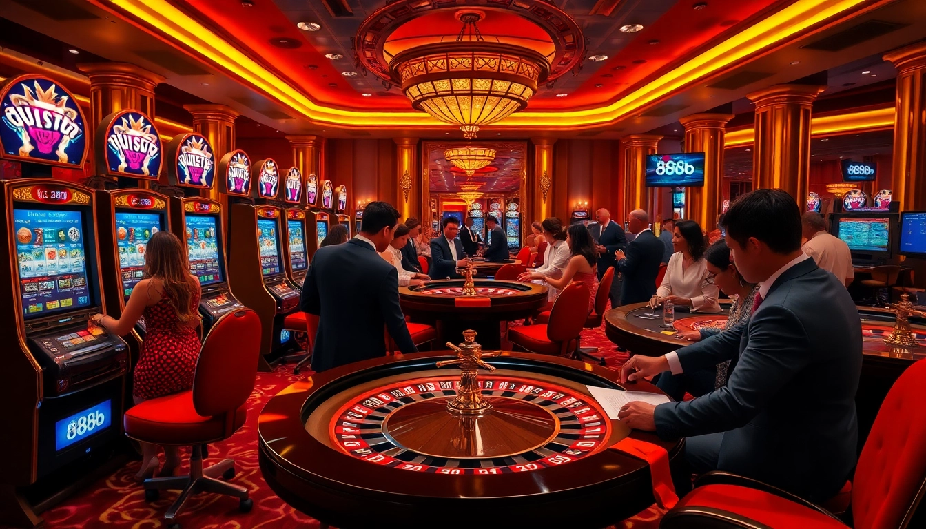 Experience the thrill of 888b with players engaged around lively casino tables, showcasing vibrant slot machines and roulette wheels.